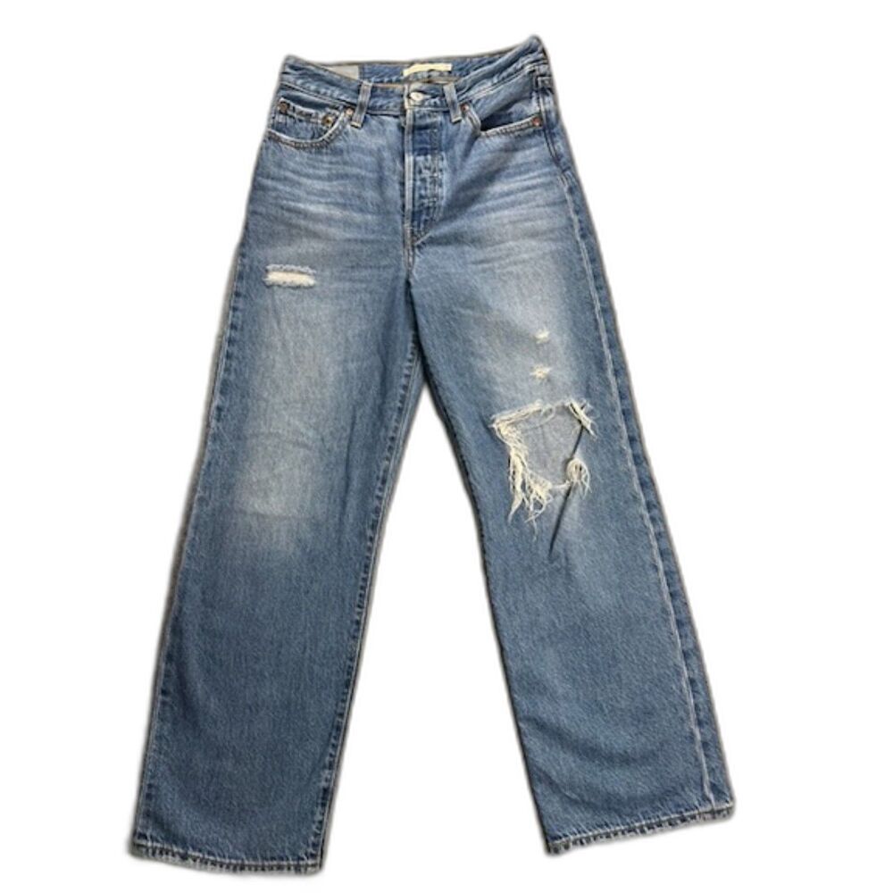 Levi's Ribcage Straight Ankle Jeans Women's 25 Blue Distressed High Rise